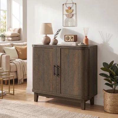 HOMCOM Sideboard Cabinet Curved Doors Adjustable Shelf Walnut