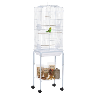 PawHut Jaula para Pájaros con Soporte Jaula Metálica con Ruedas Bandeja Extraíble y Estante 46,5x36x157 cm Blanco
