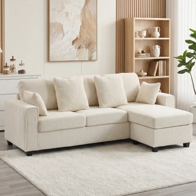 HOMCOM Ecksofa mit umkehrbarer Chaiselongue, 3-Sitzer Sofa mit Samtoptik, breite und tiefe Sitzfläche, Federkissen, Beige