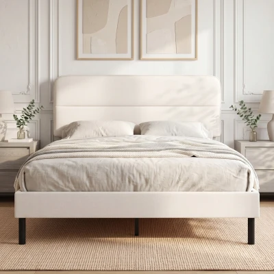 HOMCOM Cadru pat 140 x 200 cm cu tăblie reglabilă, pat tapițat cu aspect de in și 12 lamele din placaj, bej