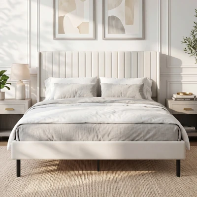 HOMCOM Armazón de cama 140 x 200 cm con cabecero ajustable, cama tapizada con 12 lamas, beige