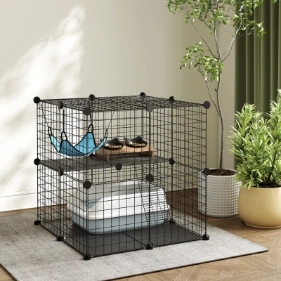 PawHut Cage Chat 2 Niveaux Acier Hamac Échelle 70x70x70cm Noir