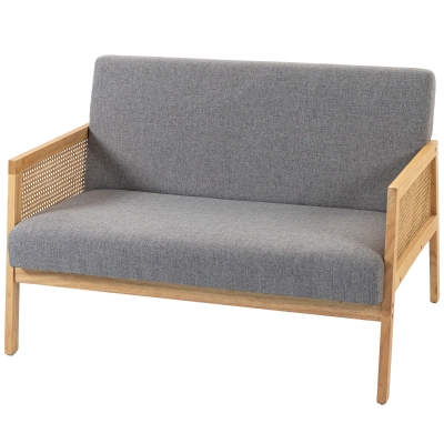 HOMCOM Sofá de 2 Lugares com Efeito Linho Detalhes em Vime Sintético e Estrutura em Madeira até 240 kg 115x77x77 cm Cinza
