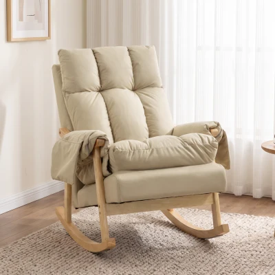 HOMCOM Silla Mecedora de Leathaire con Bolsillos Laterales Patas de Madera Acolchado Grueso para Salón Dormitorio Beige