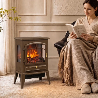 HOMCOM Chimenea Eléctrica 1000/2000 W con Efecto Llama 3 Vistas Termostato y Brillo Regulable Marrón