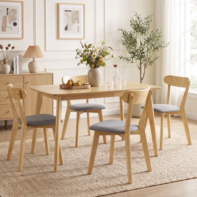 HOMCOM Set de 4 scaune de sufragerie, scaune de bucătărie, șezut căptușit cu țesătură cu aspect de in, spătar curbat, gri și lemn natural