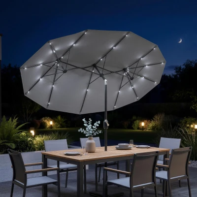 Outsunny Sombrilla de Jardín Doble 295x150x219 cm con Luces LED Solares Toldo con Inclinación Ajustable y Manivela Manual Gris