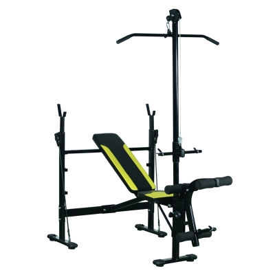 HOMCOM Banco de Pesas Multifuncional con Entrenador de Polea Banco de Musculación Reclinable con Altura Ajustable para Fitness Entrenamiento Completo en Gimnasio y Casa Carga 300 kg Negro