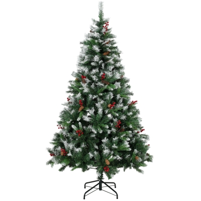 HOMCOM Árbol de Navidad Artificial Nevado 180 cm con 840 Ramas Bayas Rojas Piñas Base de Acero Plegable Montaje Rápido Verde