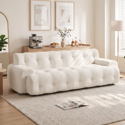 HOMCOM Canapea 3 locuri din chenille 211 cm, canapea living, șezut adânc, livrat comprimat fără asamblare, crem
