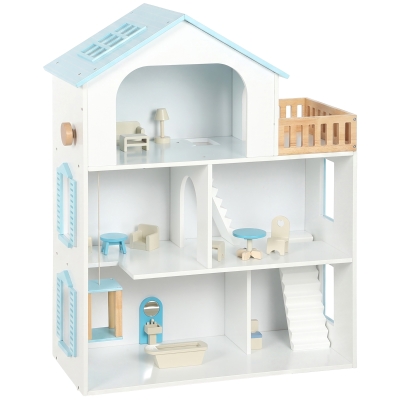 AIYAPLAY Casa de Muñecas de Madera de 3 Pisos con Ascensor y Balcón 5 Habitaciones y 13 Muebles para Niños de 3 a 6 Años Azul