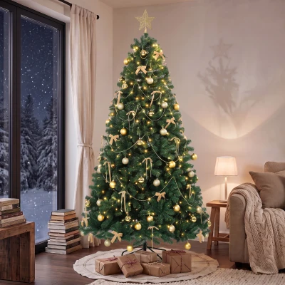 HOMCOM Árbol de Navidad Decorativo 230 cm con 296 LED 755 Ramas Ignífugas Estrella 42 Bolas 30 Lazos Decoración Dorado Verde
