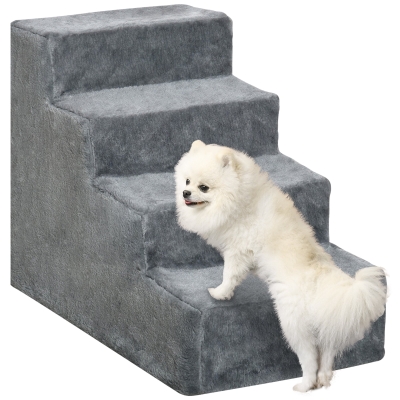 PawHut Escalera para Perros de 4 Peldaños Escalera para Mascotas con Funda Extraíble y Lavable para Cama Sofá 60x35x44 cm Gris