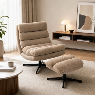 HOMCOM Wohnzimmersessel mit verstellbarem Fußhocker, Rotation 360 °, gesteppter Leinen-Sessel, breite Sitzfläche, Braun