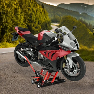 DURHAND Gato Hidráulico de Motocicletas Soporte 680 kg Elevador ATV para Garaje Pista Altura Ajustable 24-36 cm con Plataforma Almohadilla Antideslizante de Alta Resistencia 110x36x67 cm Negro y Rojo