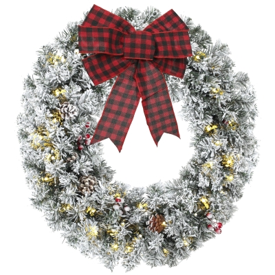 HOMCOM Corona de Navidad Puerta Efecto Nevado con 50 LED Luces Piñas Bayas y Lazo Festivo para Chimenea Pared Ventana
