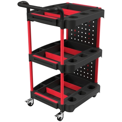 HOMCOM 3-Tier Tool Cart Pegboard Storage Trolley with Brakes Black