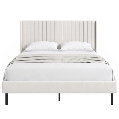 HOMCOM Armazón de cama 140 x 200 cm con cabecero ajustable, cama tapizada con 12 lamas, beige