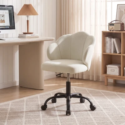 HOMCOM Bürostuhl aus Samt, Schminkstuhl mit blütenblattförmiger Rückenlehne, höhenverstellbar, Wippfunktion, Creme