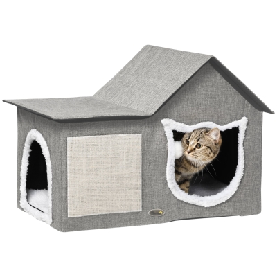 PawHut Caseta para Gatos Casa para Gatos Interior con Almohadilla para Rascar Cojín Suave y Bola Colgante 65x41x45,5 cm Gris