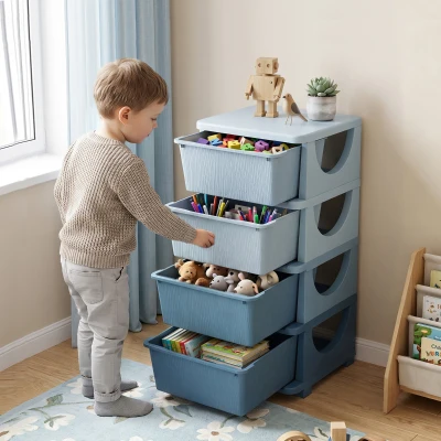 HOMCOM Organizador de Brinquedos com 4 Gavetas Torre de Arrumação para Crianças +3 Anos Cantos Arredondados e Pegas 37x37x76 cm Azul