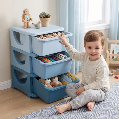 HOMCOM Aufbewahrungsboxen für Kinder, 3 Schubladen, abgerundete Kanten, erhöhtes Design, 37x37x56,5 cm, Blau