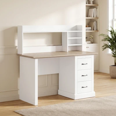 HOMCOM Escritorio para Ordenador con 3 Cajones, 120x55cm, Escritorio con Almacenamiento, Estantes Abiertos y Gran Superficie, Roble y Blanco