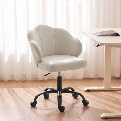HOMCOM Silla de oficina en terciopelo, Silla tocador con respaldo en pétalo, Altura regulable, Función basculante, crema
