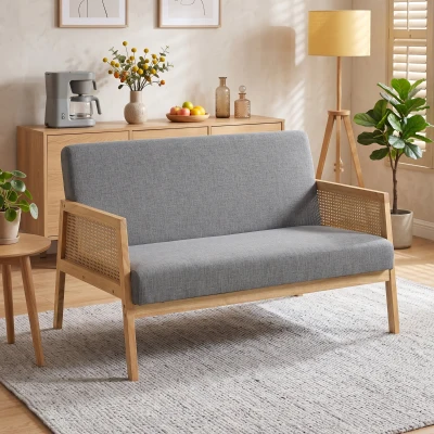 HOMCOM Sofá de 2 Lugares com Efeito Linho Detalhes em Vime Sintético e Estrutura em Madeira até 240 kg 115x77x77 cm Cinza
