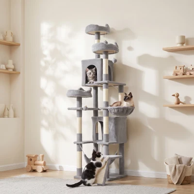 PawHut Árbol Rascador Grande para Gatos 192 cm con 3 Camas 2 Casitas 2 Hamacas Escalera Rascadora Postes de Sisal Gris Claro