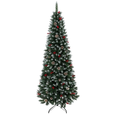 HOMCOM Verschneiter Bleistift-Weihnachtsbaum 210 cm mit 818 Zweigen, roten Beeren, Zapfen, klappbarem Metallfuß, automatische Öffnung, Grün