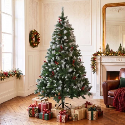 HOMCOM Árbol de Navidad Artificial Nevado 180 cm con 840 Ramas Bayas Rojas Piñas Base de Acero Plegable Montaje Rápido Verde