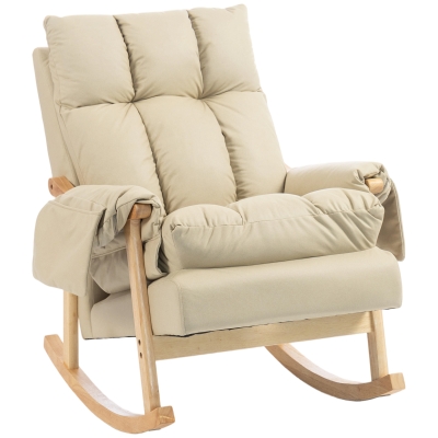 HOMCOM Silla Mecedora de Leathaire con Bolsillos Laterales Patas de Madera Acolchado Grueso para Salón Dormitorio Beige