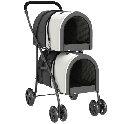 PawHut Carrinho Duplo para Cães e Gatos Dobrável com 2 Transportadoras Removíveis com Cinto e Almofadas 66x50x98 cm Cinzento Escuro
