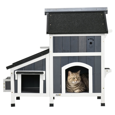 PawHut Caseta de Madera de Exterior para Gatos Casa para Gatos Refugio para Gatos de 2 Niveles 96x65x85,5 cm Gris