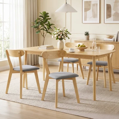 HOMCOM Set mit 4 Esszimmerstühlen, Küchenstühle, Gepolsterte Sitzflächen in Leinenoptik, Geschwungene Rückenlehne, Grau und Naturholz