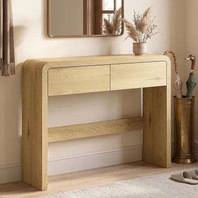 HOMCOM Consolă cu 2 sertare, mobilier consolă, 100 x 30 x 85 cm, colțuri rotunjite și blat gros, lemn natural