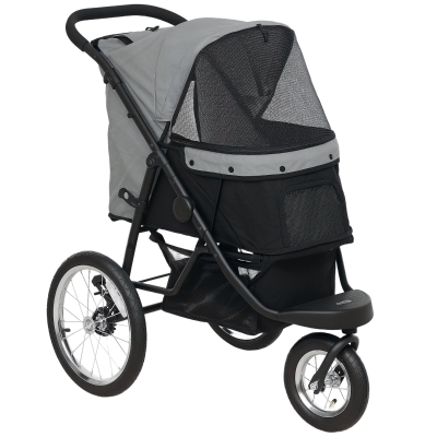 PawHut Carrito para Perros y Gatos Plegable hasta 10 kg Cochecito para Perros Pequeños de 3 Ruedas Grandes de Goma Gris