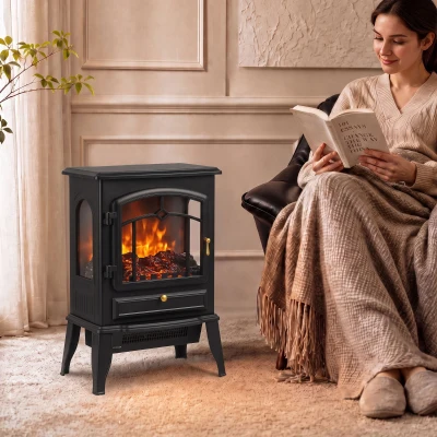 HOMCOM Chimenea Eléctrica 1000/2000 W con Efecto Llama 3 Vistas Termostato y Brillo Regulable Negro