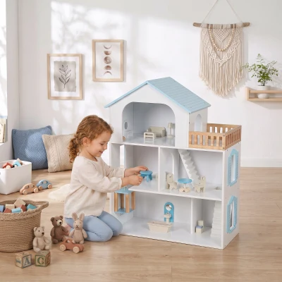AIYAPLAY Casa de Muñecas de Madera de 3 Pisos con Ascensor y Balcón 5 Habitaciones y 13 Muebles para Niños de 3 a 6 Años Azul