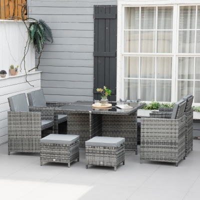 Outsunny 9 Pieces Rattan Dining Set Garden Furniture Cushion Seat Woven Rattan Grey