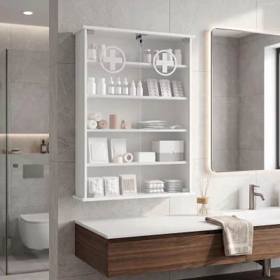 HOMCOM Botiquín de Pared de 5 Niveles con 2 Puertas de Cristal Estantes Ajustables Cerradura y 2 Llaves 60x17x82,5 cm Blanco