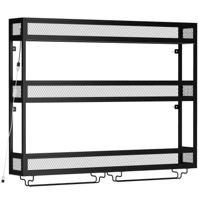 HOMCOM Wall-Mounted Wine Rack Metal LED Shelf Black