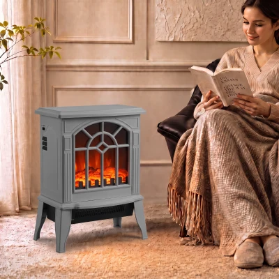 HOMCOM Electric Fireplace Freestanding Log Burner Grey