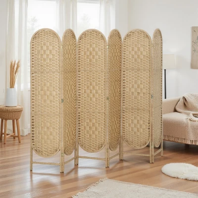 HOMCOM Innen-Paravent oval 6 Paneele 240 x 170 cm, faltbarer, leichter und gewebter Raumteiler, Naturholz