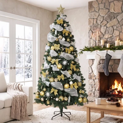 HOMCOM Weihnachtsbaum 230 cm mit 250 LEDs, 1136 Zweige, 8 Modi, Kugeln, Bänder und Schleifen, Fernbedienung und klappbarer Basis, Grün