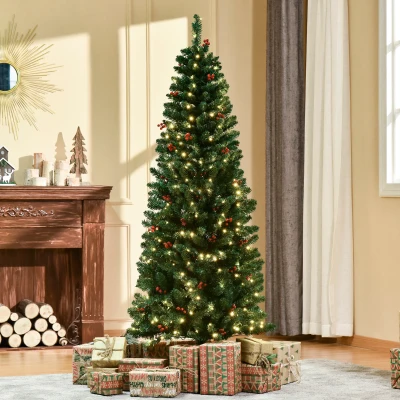 HOMCOM 6FT Prelit Artificial Pencil Christmas Tree w/ LED Light, Berry, Xmas Decor