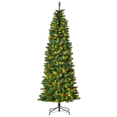 HOMCOM 7FT Prelit Artificial Pencil Christmas Tree w/ LED Light, Berry, Xmas Decor
