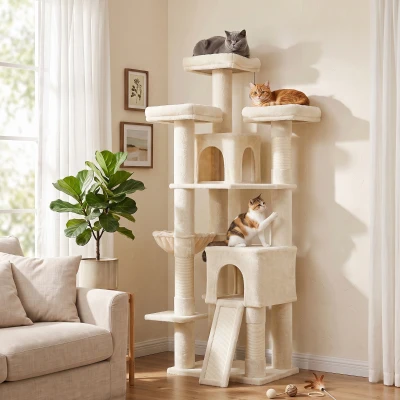 PawHut Arbre à Chat 184cm Hamac Échelle 3 Poteaux Couchages
