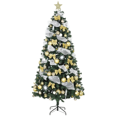 HOMCOM Weihnachtsbaum 230 cm mit 250 LEDs, 1136 Zweige, 8 Modi, Kugeln, Bänder und Schleifen, Fernbedienung und klappbarer Basis, Grün